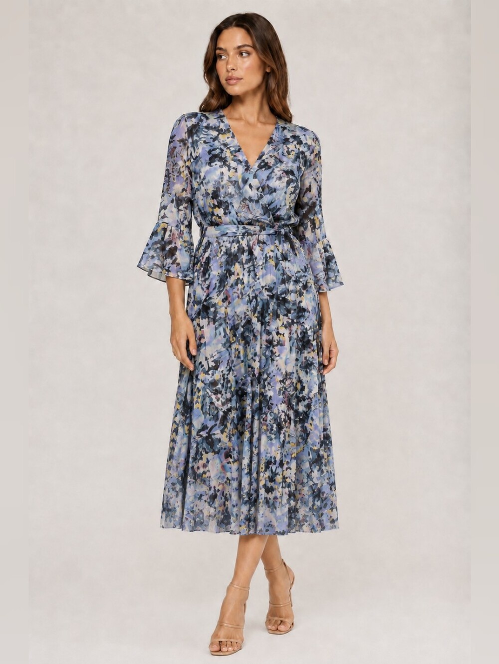 Parker & Rowe Floral Metallic Pleated Midi Dress Blue XS NWT